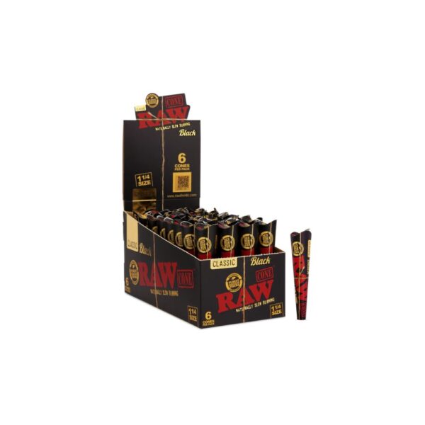 Raw Classic BLACK Cones 1 -1/4 in 6-Cone Pack - 32pc Display